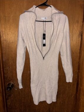 Fashion Nova Cream Zip-Front Ribbed Knit Sweater Dress